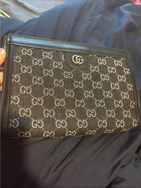 Gucci Black GG Monogram Canvas Pouch with Leather Trim